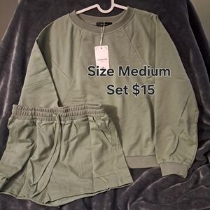 YOGAFOX Olive Green Lounge Sweatshirt & Shorts Set - Medium